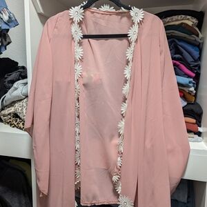 Pink Sheer Kimono with Floral Trim